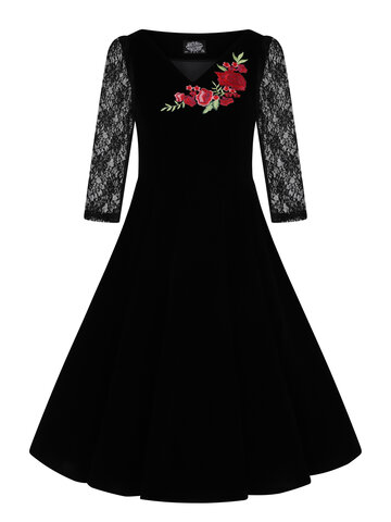 Výpredaj Retro pin up šaty s rukávom Ruža s čipkou